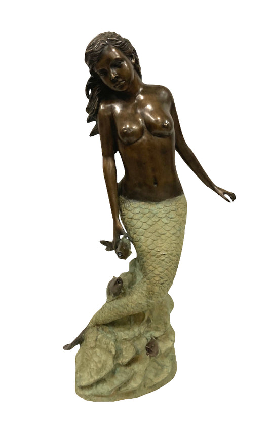 Bronze Gartenbrunnen "Meerjungfrau mit Fisch" im cosmali-shop.com