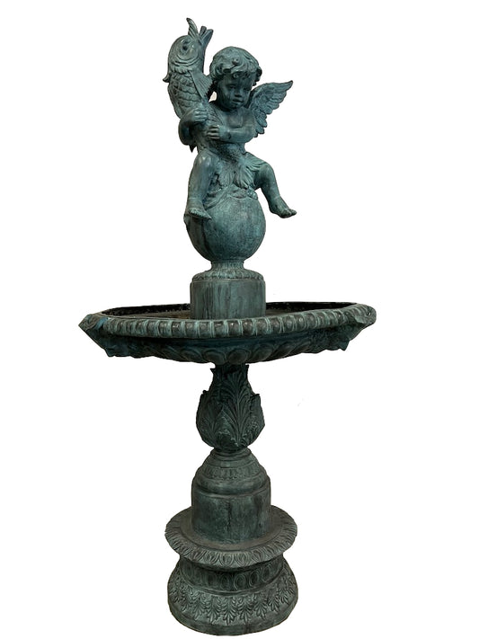 Bronze Gartenbrunnen "Bronzebrunnenkind mit Fisch" - cosmali-shop.com